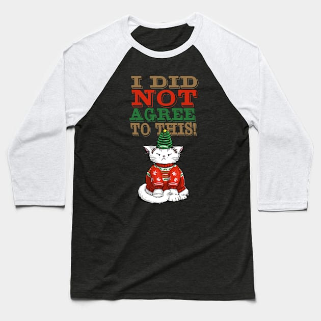 Disgruntled Cat in Ugly Christmas Sweater (dark background) Baseball T-Shirt by ElephantShoe